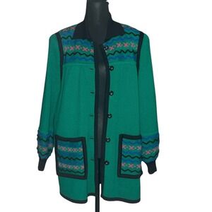 Yves Saint Laurent Vintage Green Wool Blend Geometric Cardigan Sweater